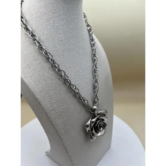 Silver Tone Rose Pendant Necklace - Picture 5 of 8